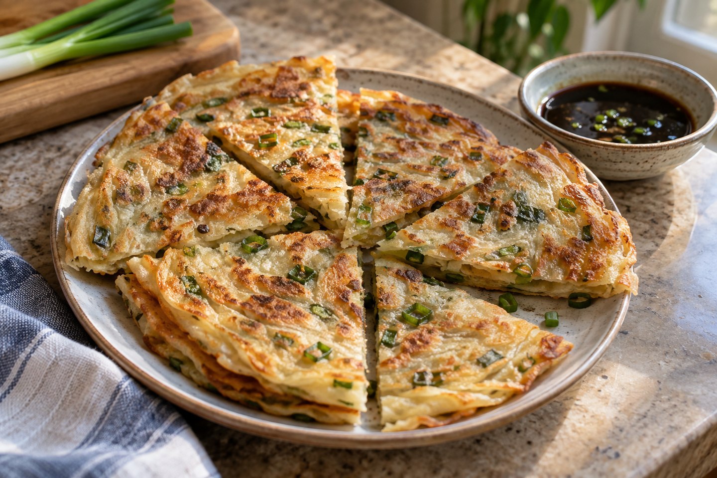 Scallion pancake wedges with golden flaky layers